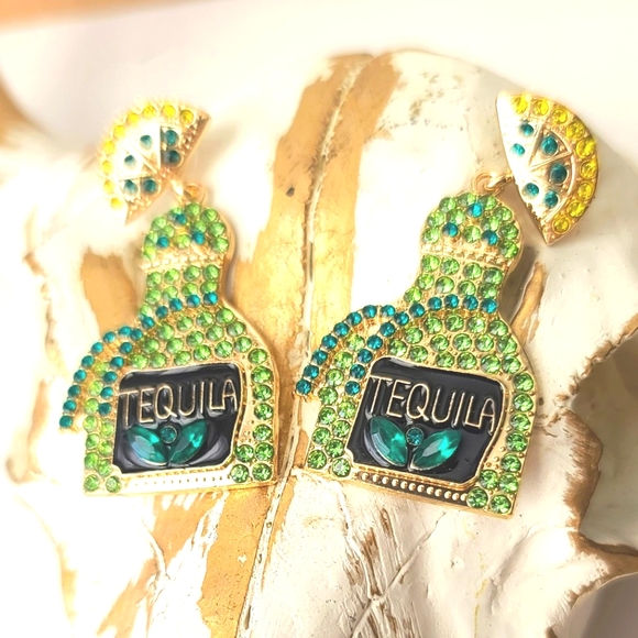 "Blingy Black-out" Bedazzled Tequila Bottle Earrings NEW - Picture 3 of 5